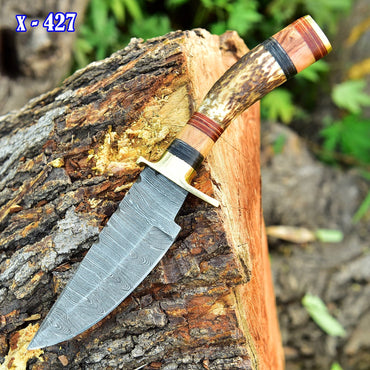 Damascus Steel Fixed Blade Hunting Skinning Knife Deer Stag Handle x-427