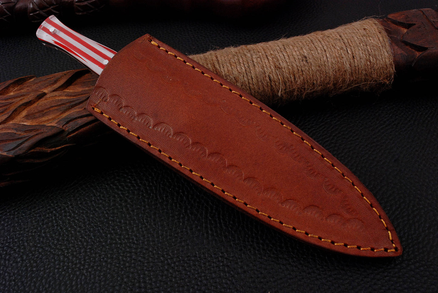 8.5" Damascus Knife US Flag Handle Ideal Boot Fixed Dagger with Leather Sheath x-128