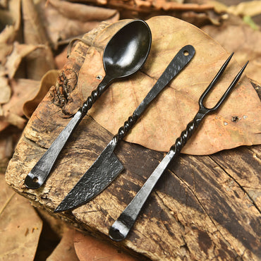 Handmade Traditional Hunter Camp 3-Piece Set Cutlery Artisan Forged