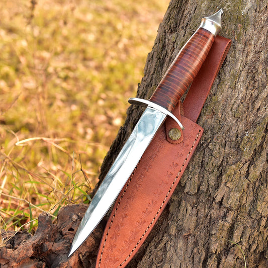 Handmade Carbon Steel Double Edge Blade Dagger Knife Leather Handle