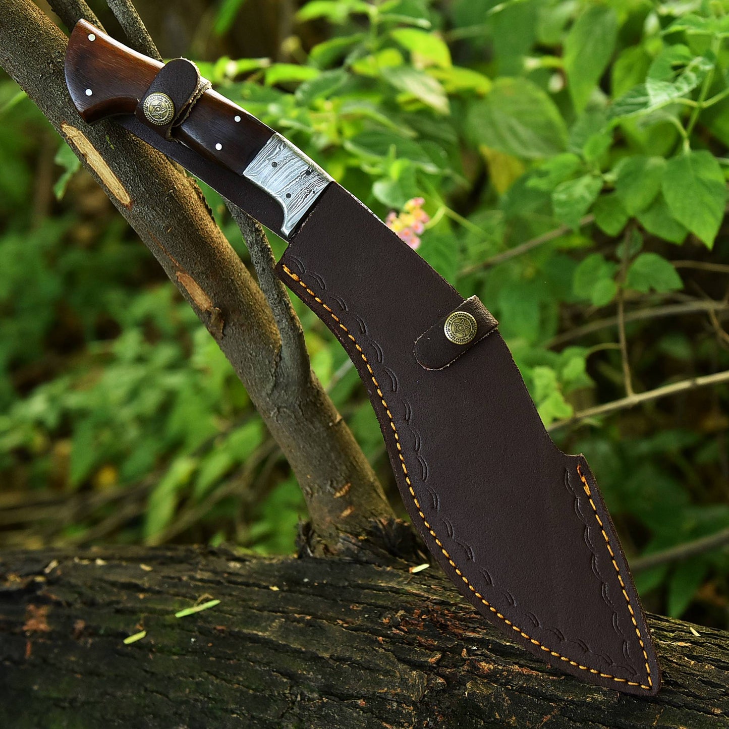 Handmade Damascus Steel Hunting Kukri Knife Damascus Bolster Wood Handle