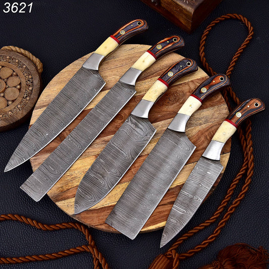 Custom Hand Made Forged Damascus Chef Knife Set Steel Steel With Bone & Stained Wood Handle x-225