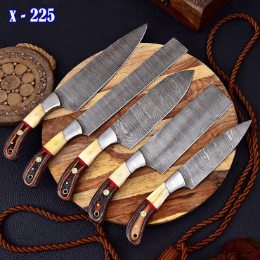 Custom Hand Made Forged Damascus Chef Knife Set Steel Steel With Bone & Stained Wood Handle x-225