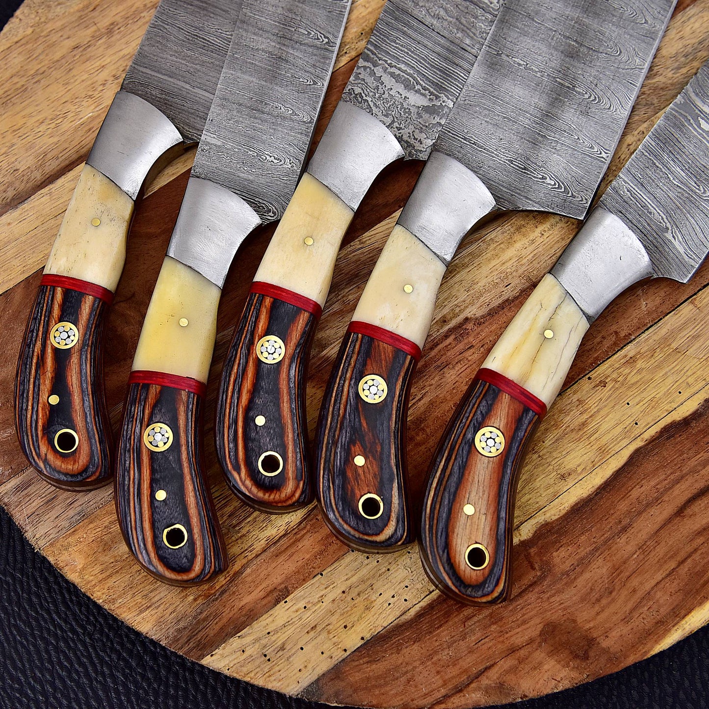 Custom Hand Made Forged Damascus Chef Knife Set Steel Steel With Bone & Stained Wood Handle x-225