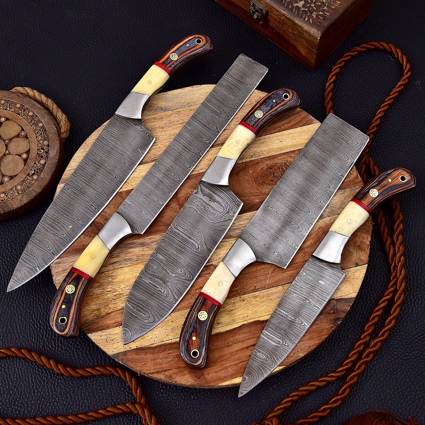 Custom Hand Made Forged Damascus Chef Knife Set Steel Steel With Bone & Stained Wood Handle x-225