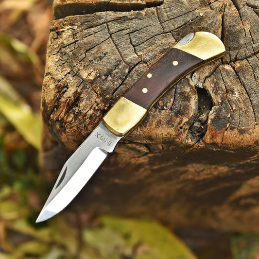 Handmade Carbon 1095 Steel Folding Blade Pocket Knife Wood Brass Handle