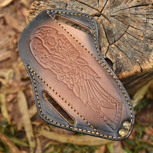 Handmade Leather Fixed Blade Knife Sheath Skull Embossed Belt Holster