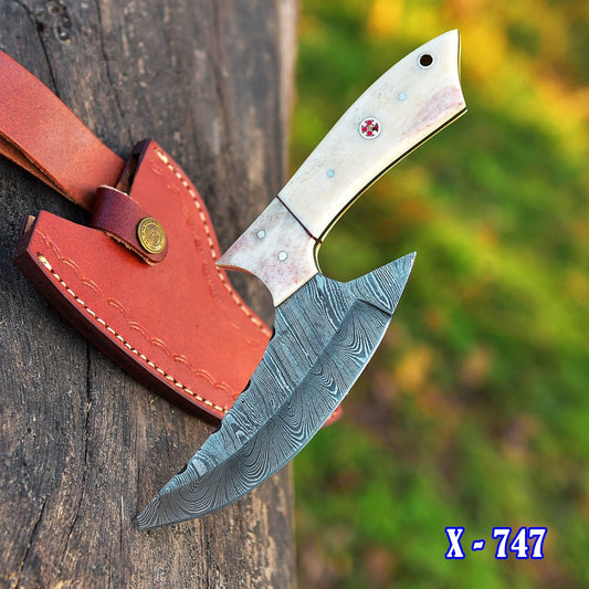 Alaskan Ulu Knife - Authentic Damascus Arctic Cutting Tool with Rich Heritage Bone Handle x-747