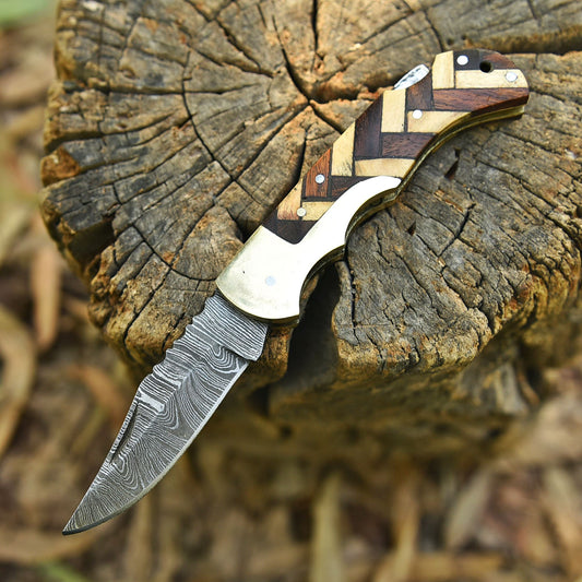 Outdoor Adventure Damascus Steel Folding Blade Pocket Knife EDC Wood Handle