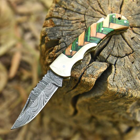 Custom Hand Forged Damascus Steel Folding Blade Knife EDC Cross Wood Handle