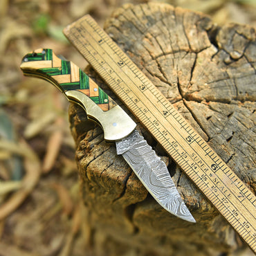 Custom Hand Forged Damascus Steel Folding Blade Knife EDC Cross Wood Handle