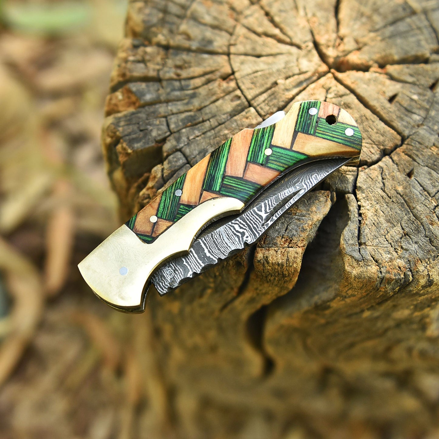 Custom Hand Forged Damascus Steel Folding Blade Knife EDC Cross Wood Handle