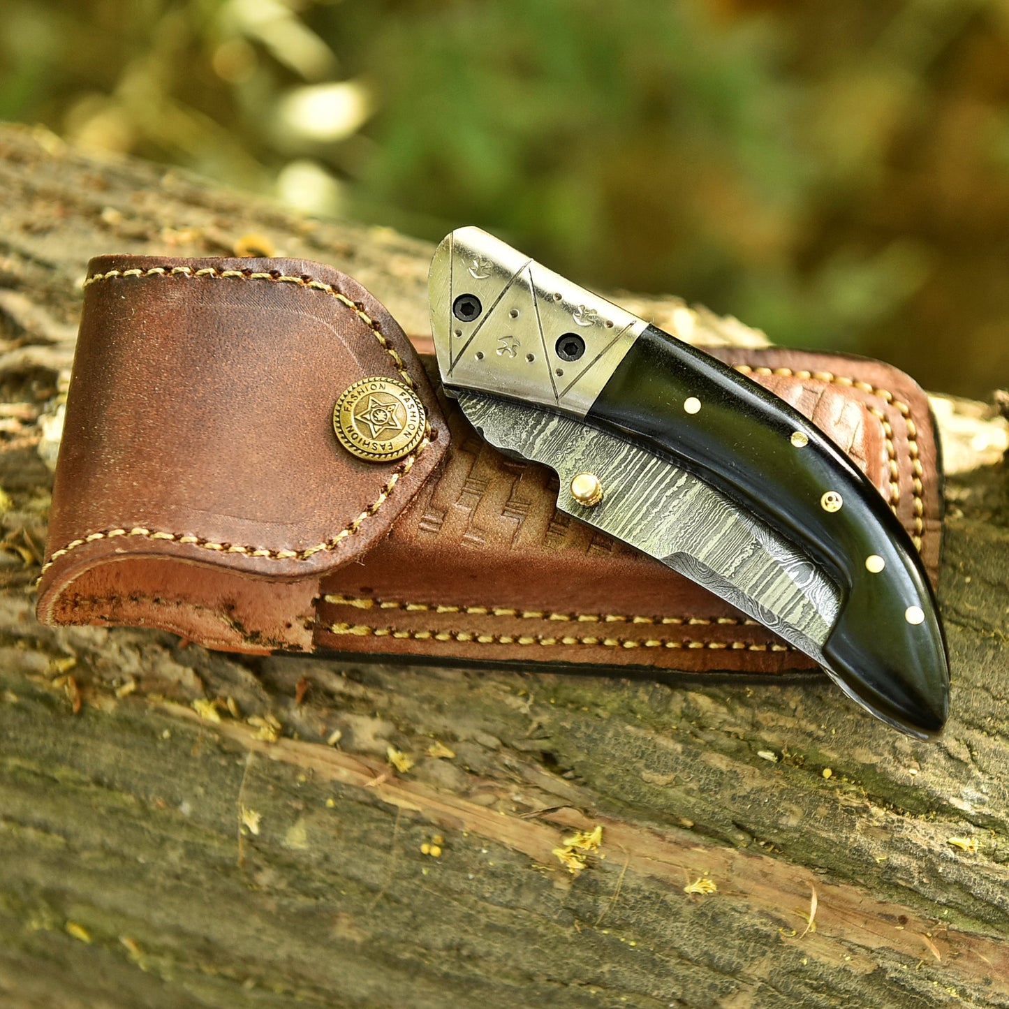 Collector Grade Damascus Steel Folding Pocket Knife Resin Brass Bolster Handle
