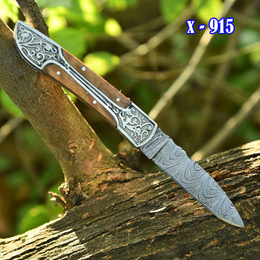 Handmade Damascus Steel Folding Blade Pocket Knife Wood Steel Bolster Handle