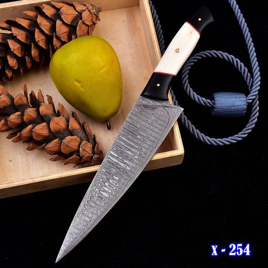 Custom Made Damascus Steel Chef Knife Kitchen Knife Bone & Bull Horn Handle