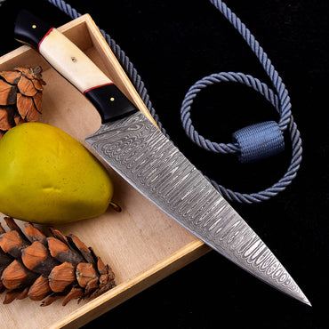 Custom Made Damascus Steel Chef Knife Kitchen Knife Bone & Bull Horn Handle