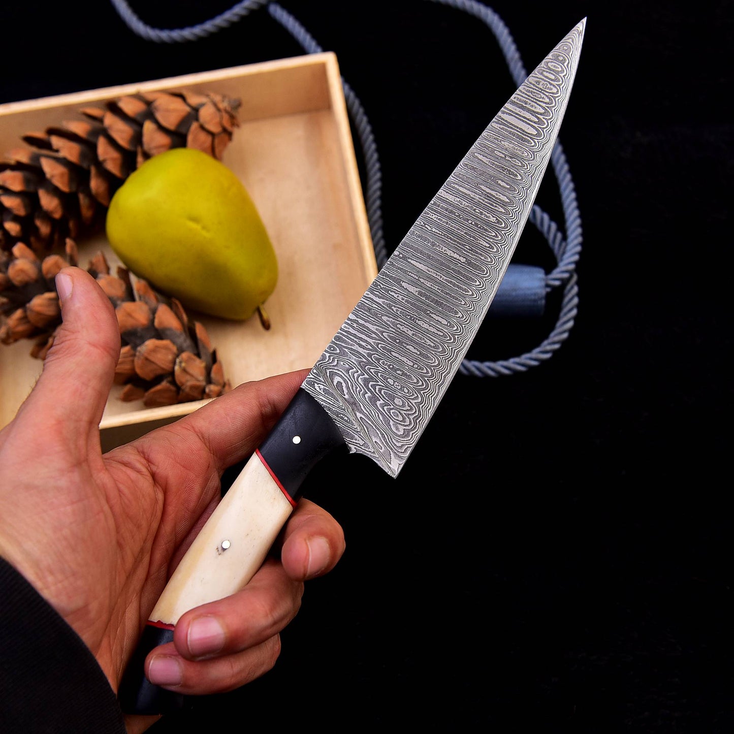 Custom Made Damascus Steel Chef Knife Kitchen Knife Bone & Bull Horn Handle