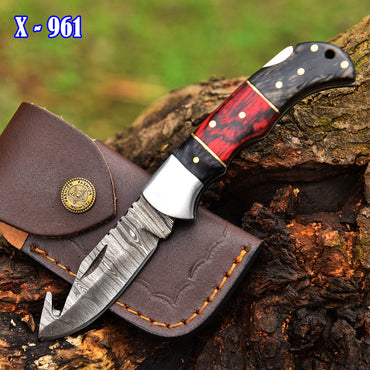 Handmade Damascus Steel Folding Blade Pocket Camping Knife With Sheath