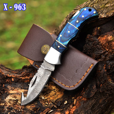 Handmade Damascus Steel Gut Hook Blade Back Lock Folding Knife Wood Handle