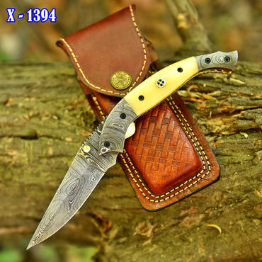 Handmade Damascus Pocket Knife Camping Folding Blade With Camel Bone Handle