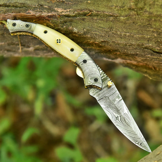 Handmade Damascus Pocket Knife Camping Folding Blade With Camel Bone Handle