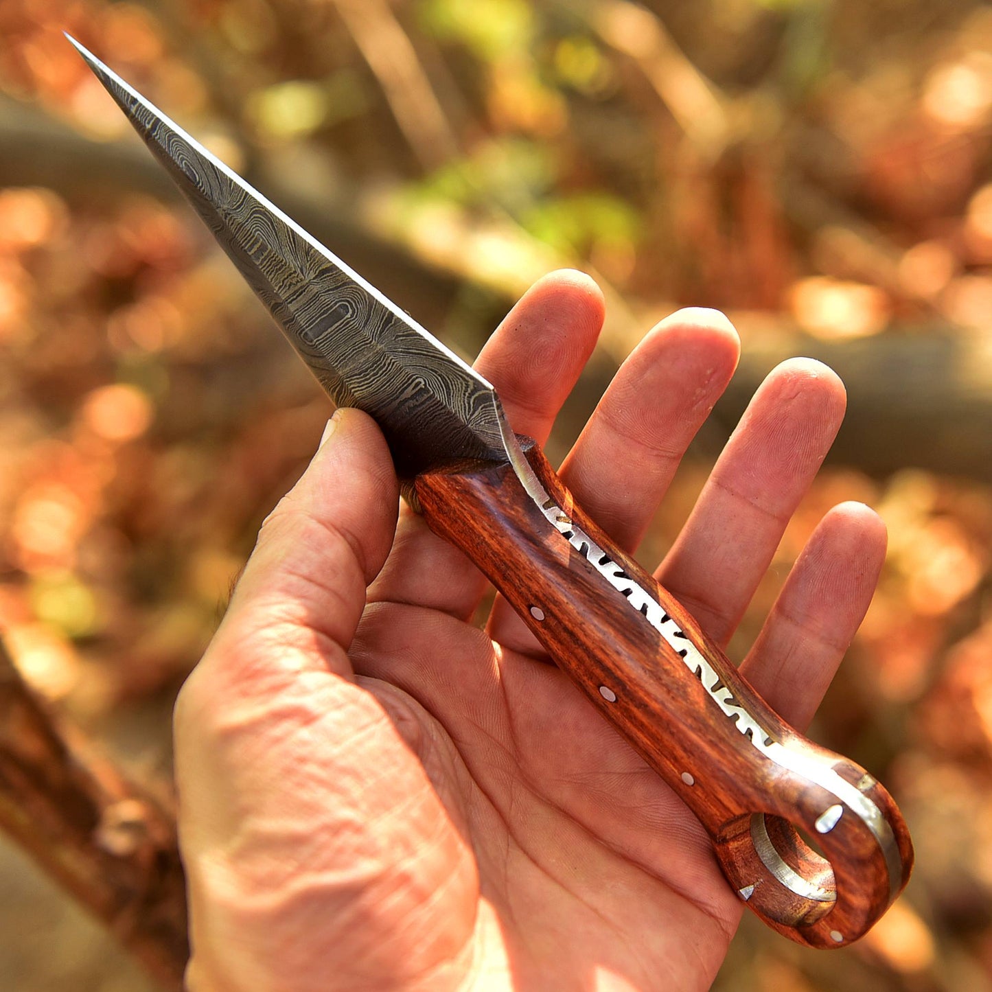Handmade Damascus Steel Double Full Tang Dagger Knife Wood Ring Hole Handle