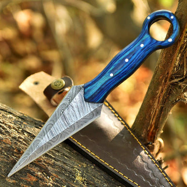 Elite Handmade Damascus Steel Hunting Dagger Knife Wood Ring Hole Handle