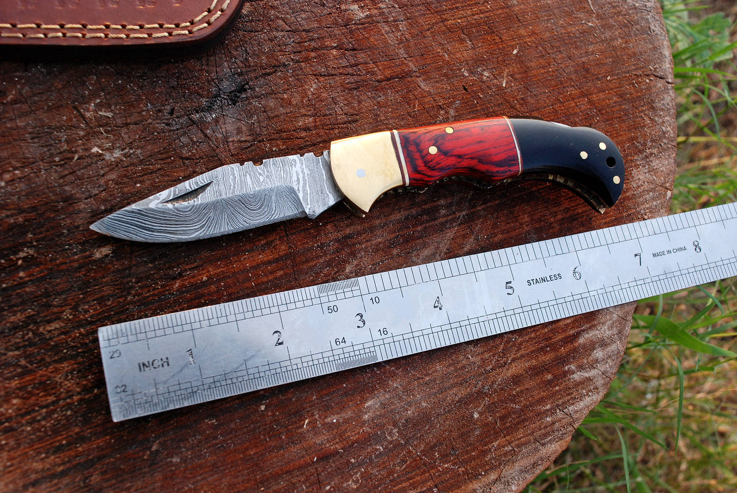 Custom Hand Made Damascus Hunting Folding Knife With Brass Bolster & Bull Horn Wood Handle x-133
