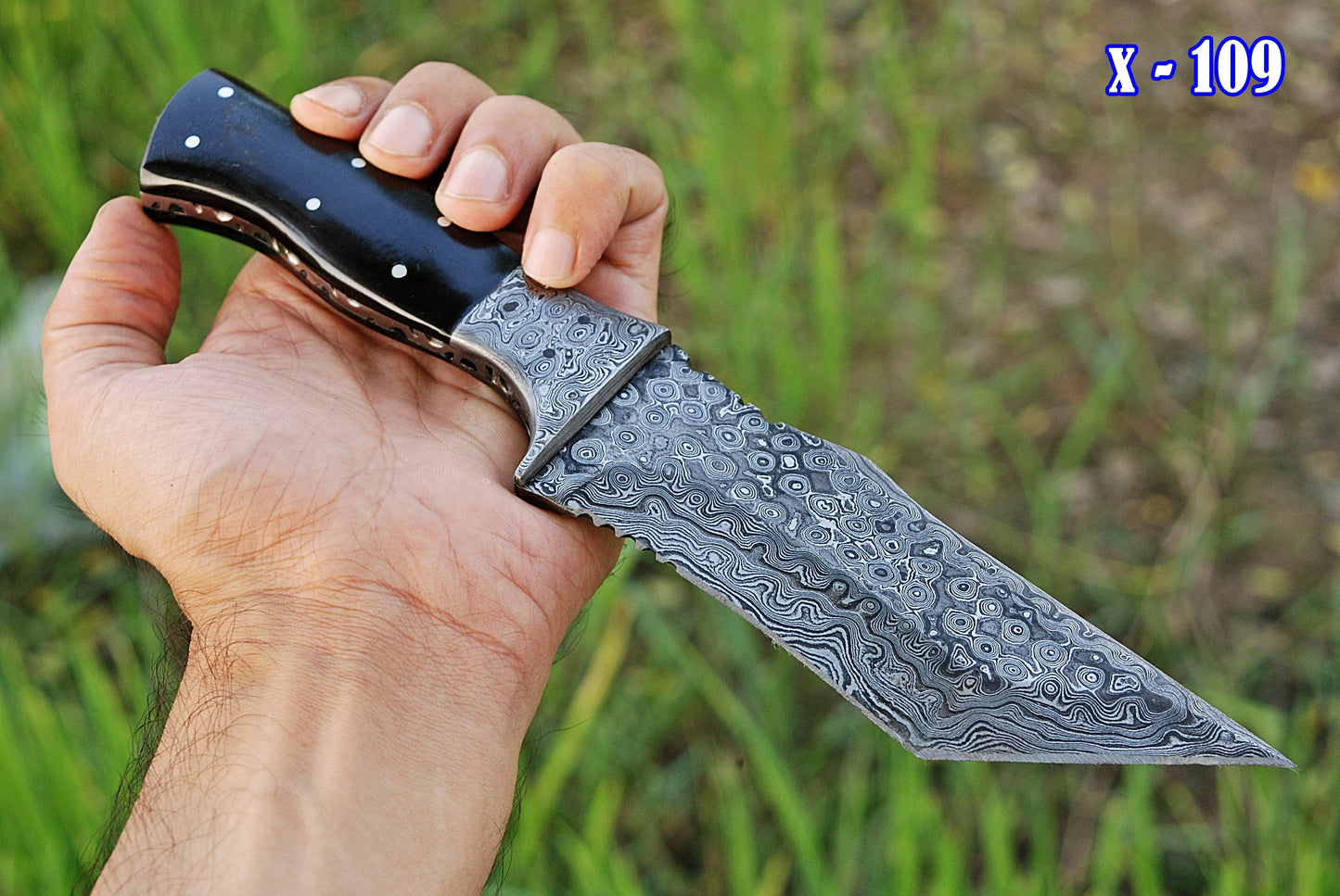 10" Handmade Damascus Steel fixed Tanto Blade Bull Cutter Tracker knife with sheath x-109