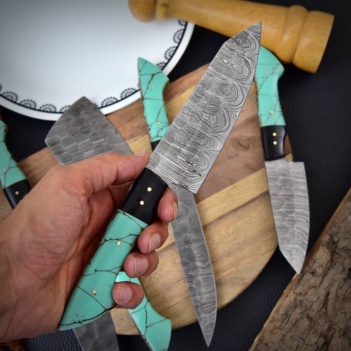 The Orchid - Handmade Damascus Chef Knife Set - 5 Pieces Forged Kitchen Knife Set x-135