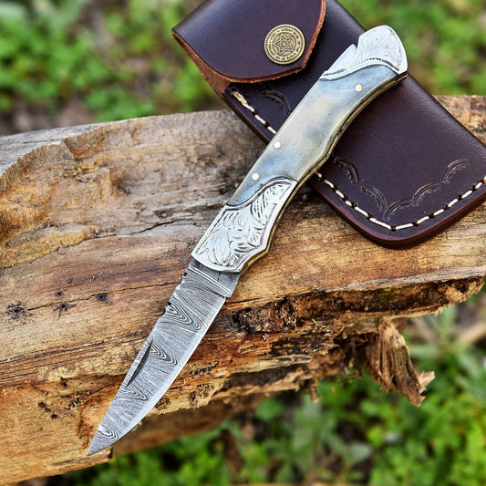 Back Lock 8" Handmade Damascus Steel Pocket Knife Bone Handle Folding Knife x-750