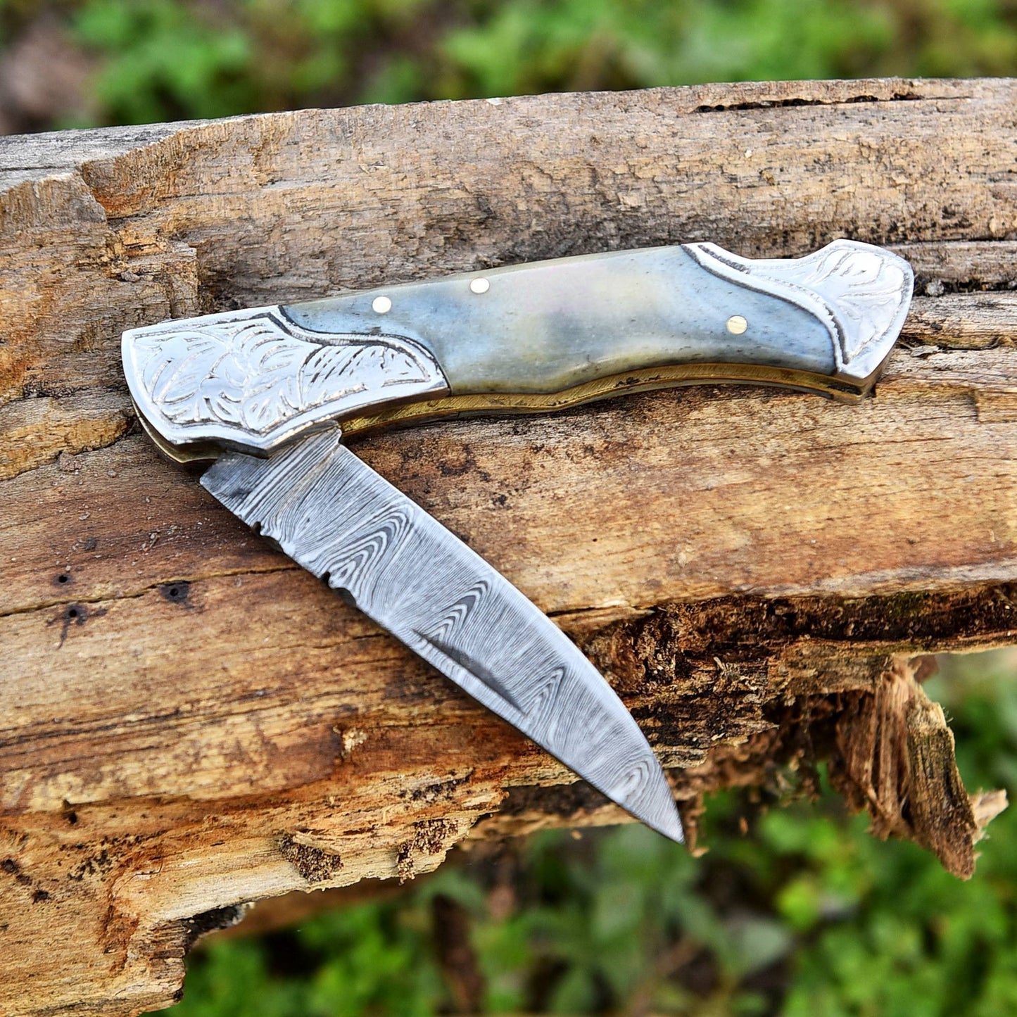 Back Lock 8" Handmade Damascus Steel Pocket Knife Bone Handle Folding Knife x-750