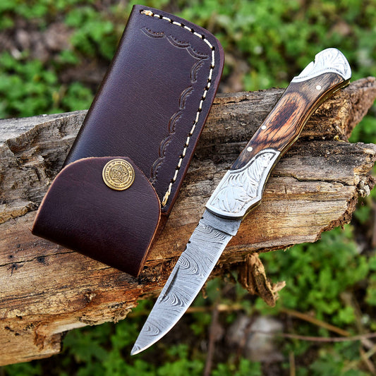 Handmade Damascus Steel Folding Pocket Knife with Pakka Wood Handle and Back Lock