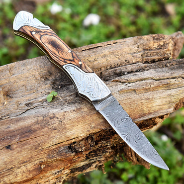 Handmade Damascus Steel Folding Pocket Knife with Pakka Wood Handle and Back Lock