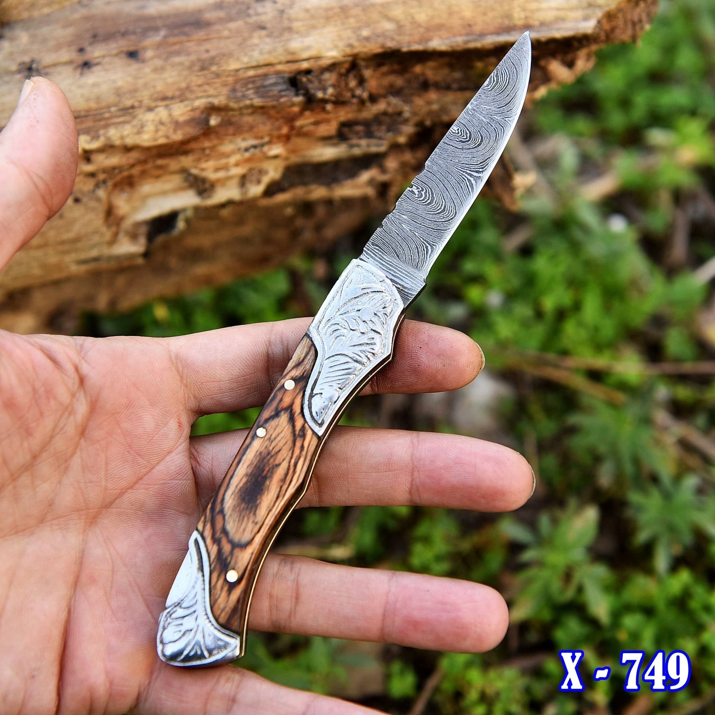 Handmade Damascus Steel Folding Pocket Knife with Pakka Wood Handle and Back Lock