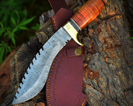 12" Handmade Damascus Steel Fixed Blade Gurkha Kukri Knife Leather Handle & Sheath Brass Guard