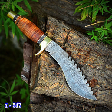 12" Handmade Damascus Steel Fixed Blade Gurkha Kukri Knife Leather Handle & Sheath Brass Guard