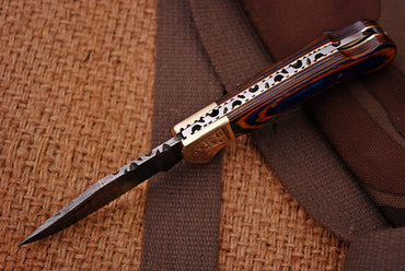Custom Handmade Damascus Steel Folding Knife With Brass Bolster & Colored Wood Handle Perfect for Camping & Outdoors