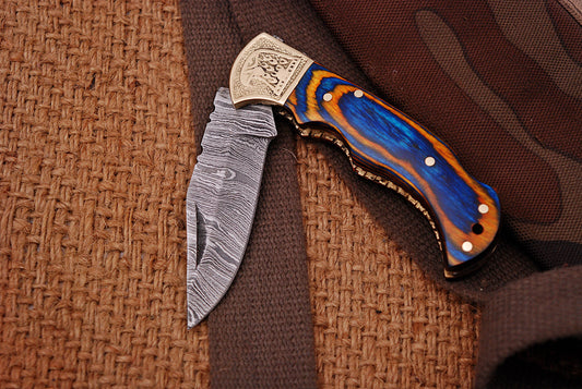 Custom Handmade Damascus Steel Folding Knife With Brass Bolster & Colored Wood Handle Perfect for Camping & Outdoors