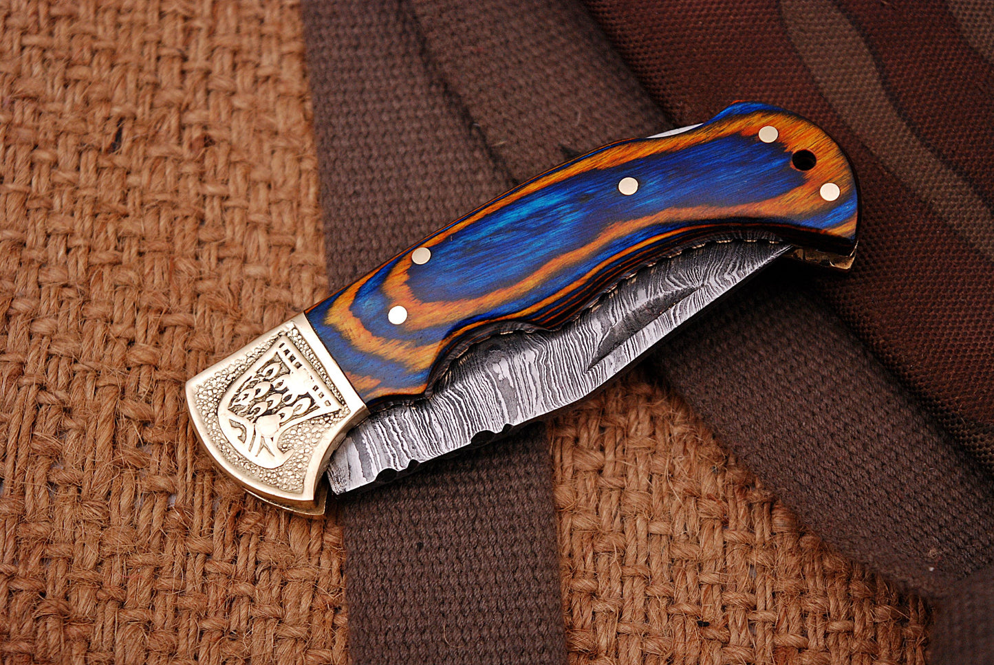 Custom Handmade Damascus Steel Folding Knife With Brass Bolster & Colored Wood Handle Perfect for Camping & Outdoors
