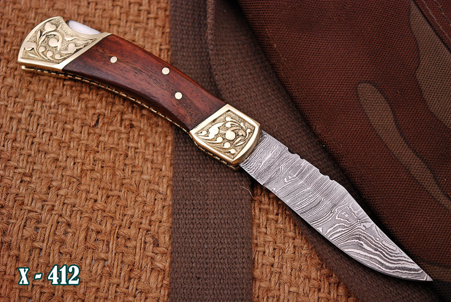 Customs Hand Made Damascus Steel Hunting Folding Knife Engraved Brass Bolster With Wood Handle