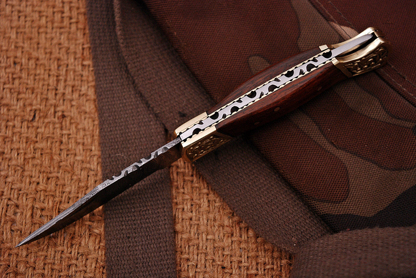 Customs Hand Made Damascus Steel Hunting Folding Knife Engraved Brass Bolster With Wood Handle