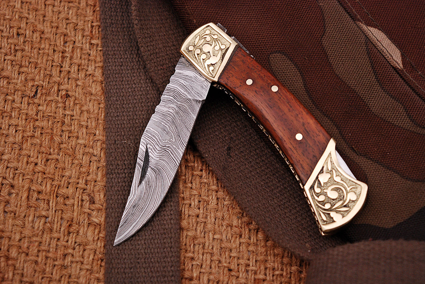 Customs Hand Made Damascus Steel Hunting Folding Knife Engraved Brass Bolster With Wood Handle