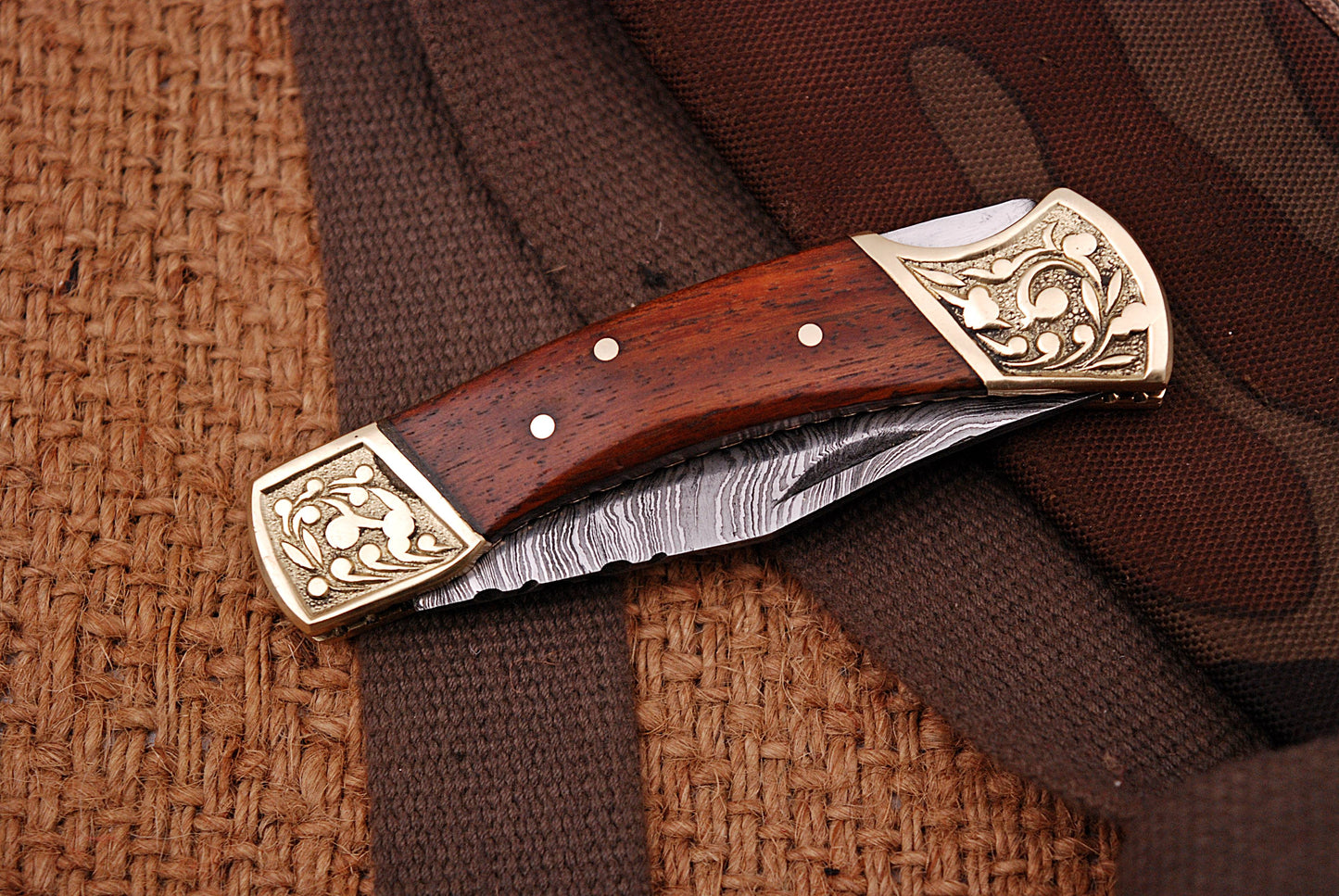 Customs Hand Made Damascus Steel Hunting Folding Knife Engraved Brass Bolster With Wood Handle