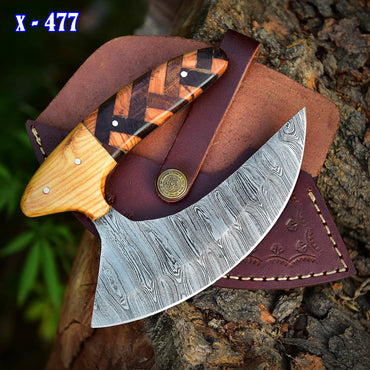Handmade Damascus Steel Blade Pizza Cutter Knife Kitchen Knife With Sheath