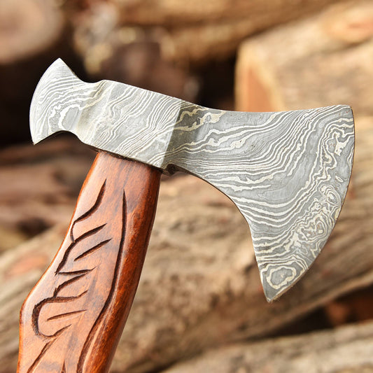 Damascus Viking Axe, Damascus Steel Axe With Leather Sheath, Darkwood Handle Axe, Viking Hatchet, Camp Axe