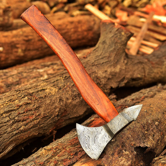 Damascus Viking Axe, Damascusl Axe With Leather Sheath, Rose-Wood Handle Axe, Viking Hatchet, Camping Axe