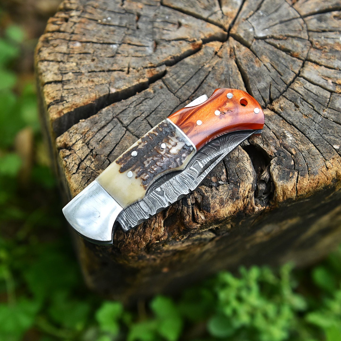Handcrafted Damascus Steel Blade Folding Hunting Outing EDC Knife
