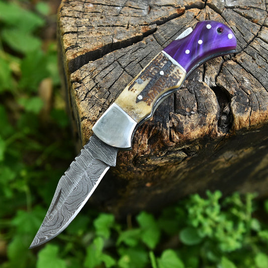 Handmade Damascus Steel Folding Blade Pocket Knife Outdoor Camping Knife