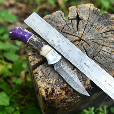 Handmade Damascus Steel Folding Blade Pocket Knife Outdoor Camping Knife
